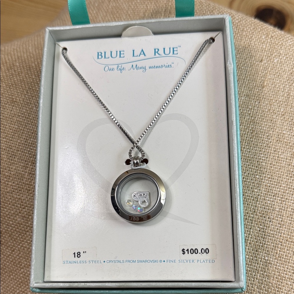 Stainless steel  Locket Necklace with Clear Crystal Accent - Silver